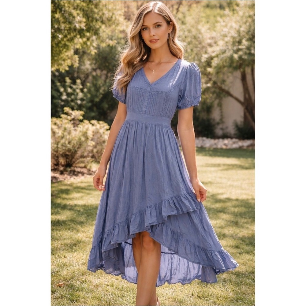 Baltic Born Marseille High Low Midi Dress Dusty Blue XL NWT Puff Sleeve Boho
